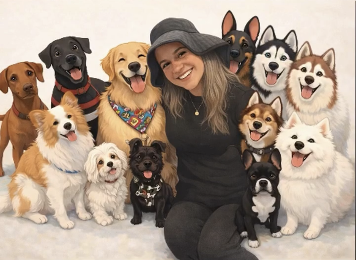 @walkhappydog09 — embajadora PawGo, rodeada de los perros que pasea